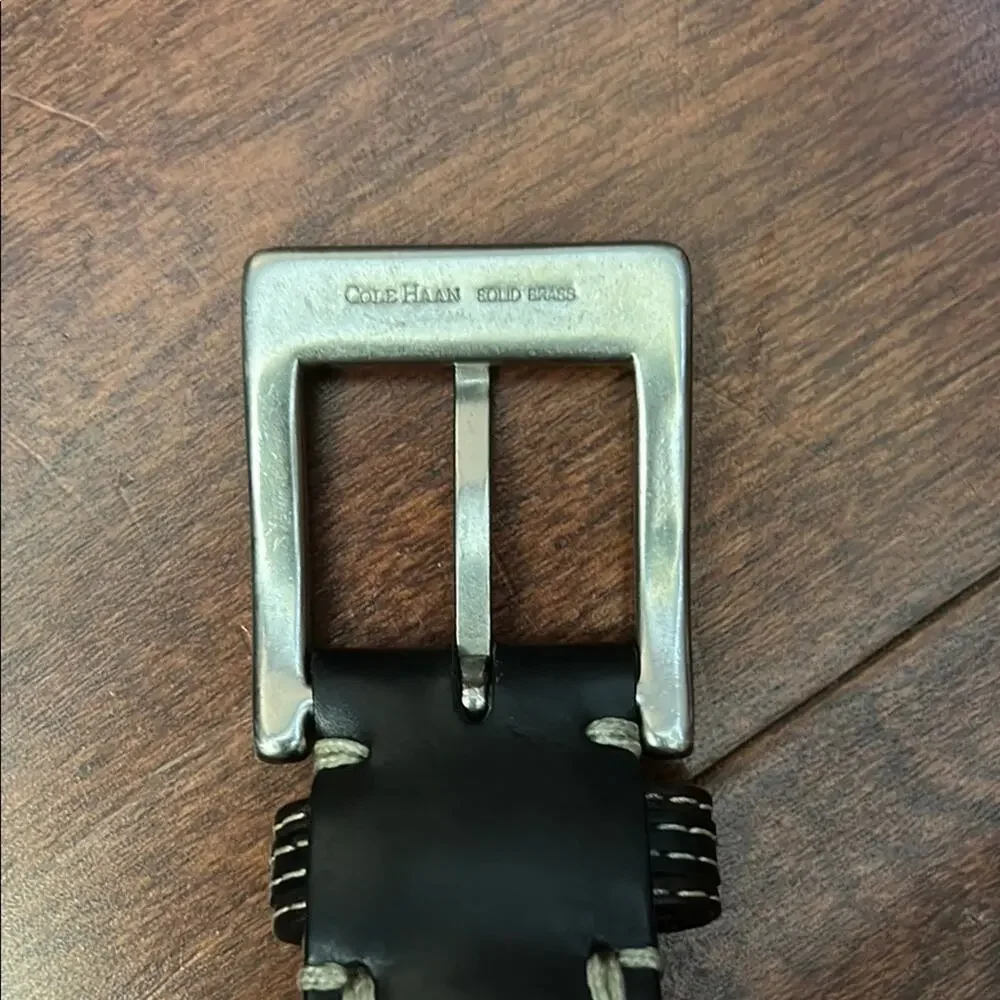 Cole Haan Men’s Two Tone Leather Belt  With Contrast Stitching, Silver Hardware